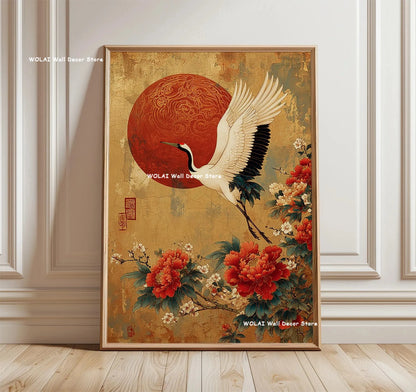Retro Japanese Forest & Koi Fish Zen Water Painting Canvas Poster Abstract Sun Waves Wall Art Printing for Peaceful Home Decor