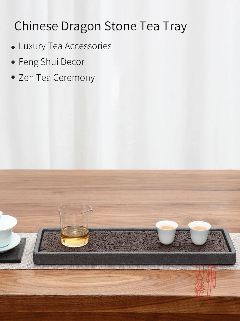 Tea Tray Natural Volcanic Basalt Handcarved Dragon Totem Dry Pour Kung Fu Tea Ceremony Home Office Decor Tea Lover Gift 38x12cm