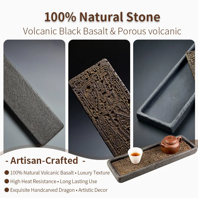 Tea Tray Natural Volcanic Basalt Handcarved Dragon Totem Dry Pour Kung Fu Tea Ceremony Home Office Decor Tea Lover Gift 38x12cm