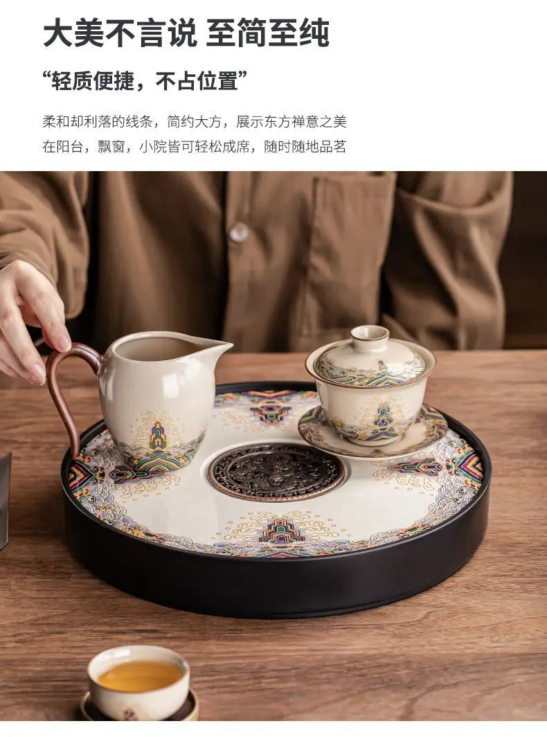 Ceramic round tea tray, dual-purpose for household water storage and drainage, tea sea, and outdoor tea tray