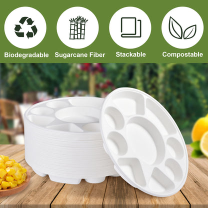 9 Compartment Divided Plate, Round Heavy Duty Serving Tray Made of Sugarcane for Wedding, Events,Parties,Holidays,Catering & BBQ