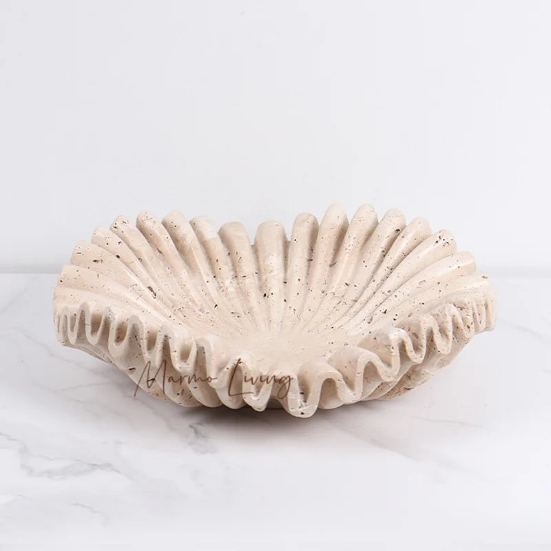 Marble Ruffle Bowl for Kitchen Counter and Living Room Travertine Scallop Bowl for Fruit Jewelry Decorative Tray for Home Decor