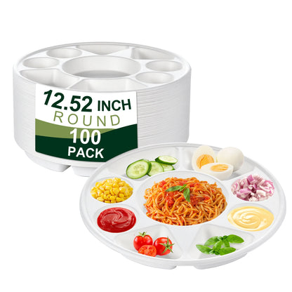 9 Compartment Divided Plate, Round Heavy Duty Serving Tray Made of Sugarcane for Wedding, Events,Parties,Holidays,Catering & BBQ