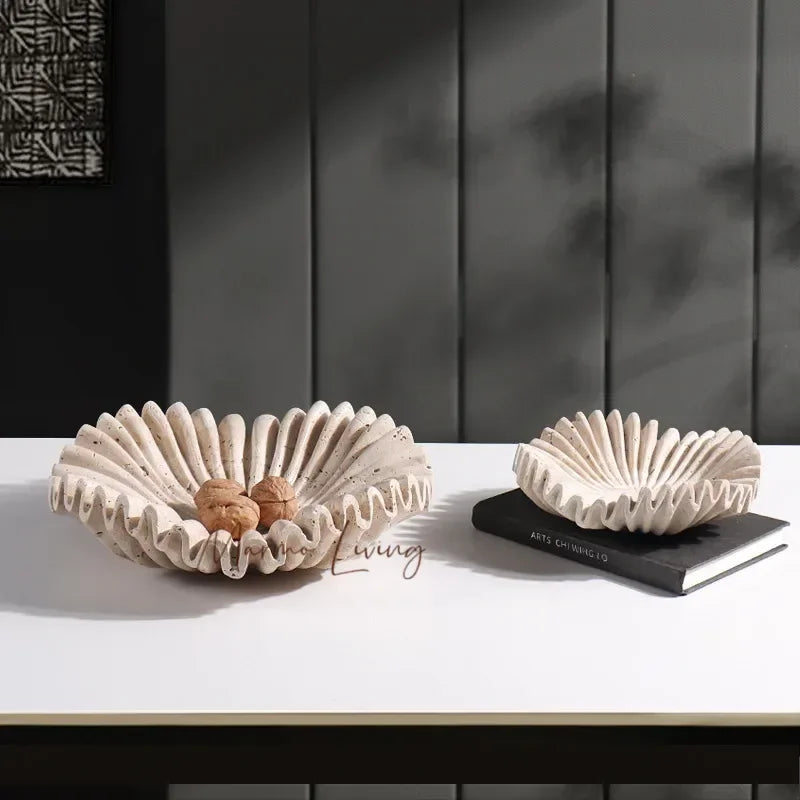 Marble Ruffle Bowl for Kitchen Counter and Living Room Travertine Scallop Bowl for Fruit Jewelry Decorative Tray for Home Decor