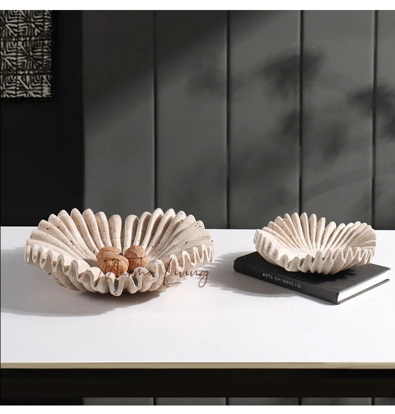 Marble Ruffle Bowl for Kitchen Counter and Living Room Travertine Scallop Bowl for Fruit Jewelry Decorative Tray for Home Decor