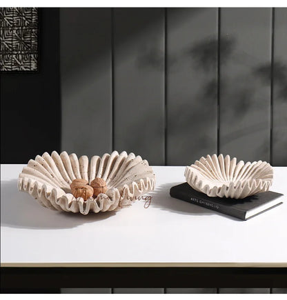 Marble Ruffle Bowl for Kitchen Counter and Living Room Travertine Scallop Bowl for Fruit Jewelry Decorative Tray for Home Decor