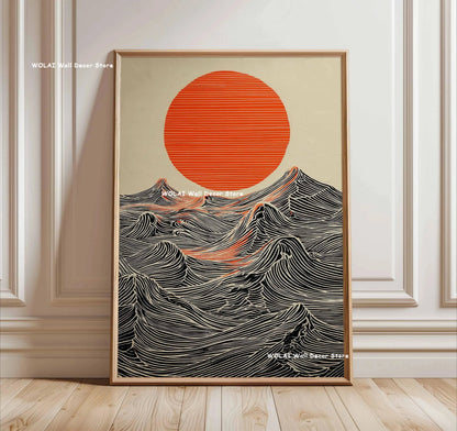 Retro Japanese Forest & Koi Fish Zen Water Painting Canvas Poster Abstract Sun Waves Wall Art Printing for Peaceful Home Decor