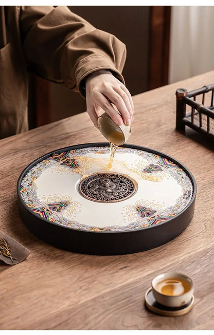 Ceramic round tea tray, dual-purpose for household water storage and drainage, tea sea, and outdoor tea tray