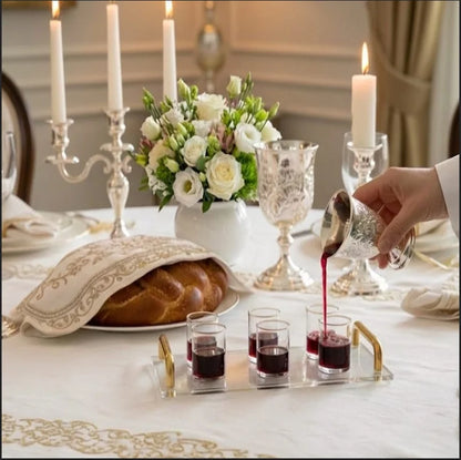 Judaica Clear Acrylic Tray and Six Cups with Gold Handles For L'chaim Shabbat Kiddush Jewish Family Table Decoration