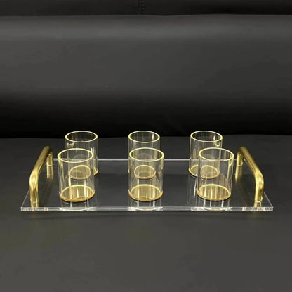 Judaica Clear Acrylic Tray and Six Cups with Gold Handles For L'chaim Shabbat Kiddush Jewish Family Table Decoration