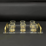 Judaica Clear Acrylic Tray and Six Cups with Gold Handles For L'chaim Shabbat Kiddush Jewish Family Table Decoration