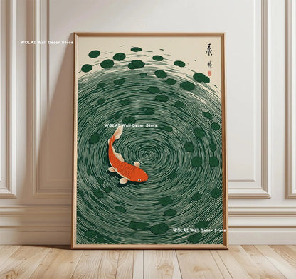 Retro Japanese Forest & Koi Fish Zen Water Painting Canvas Poster Abstract Sun Waves Wall Art Printing for Peaceful Home Decor