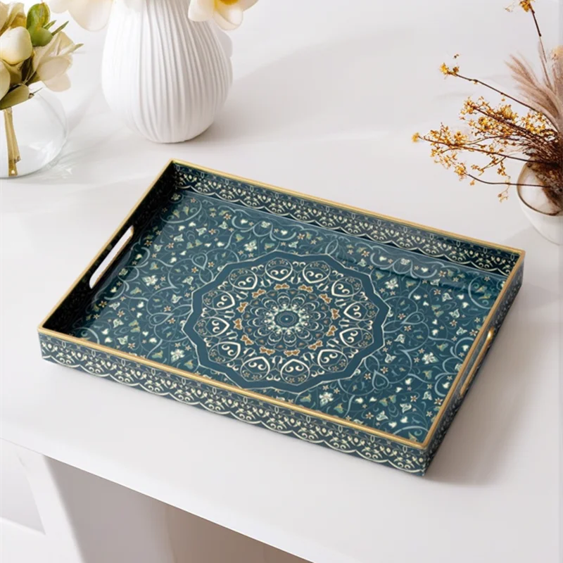 Decorative Rectangular Plastic Tray with Handles,Decal Paper Coffee Table Storage Organizer,Vintage Serving Tray for Home Decor