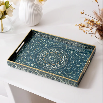Decorative Rectangular Plastic Tray with Handles,Decal Paper Coffee Table Storage Organizer,Vintage Serving Tray for Home Decor