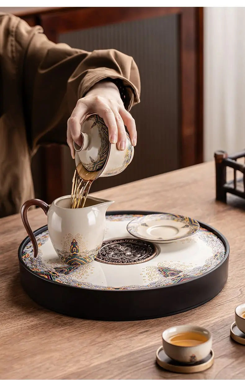 Ceramic round tea tray, dual-purpose for household water storage and drainage, tea sea, and outdoor tea tray