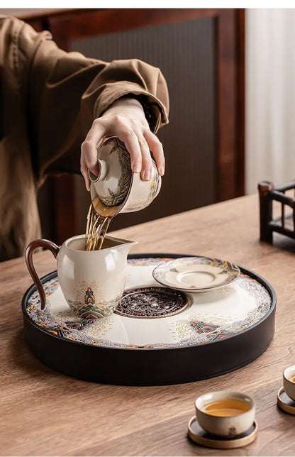 Ceramic round tea tray, dual-purpose for household water storage and drainage, tea sea, and outdoor tea tray