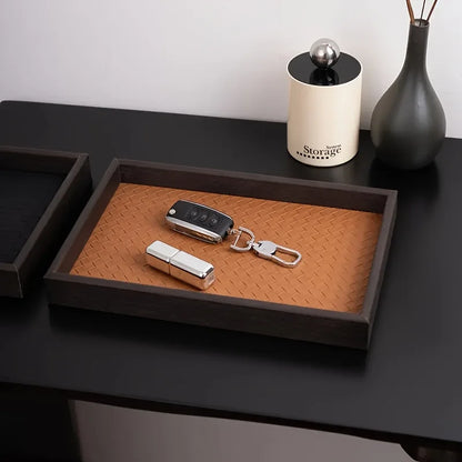 1pc Woven Texture Faux Leather Storage Tray,Watch Jewelry Organizer, Decorative Home Display Tray, Cosmetic Holder, Storage Tray