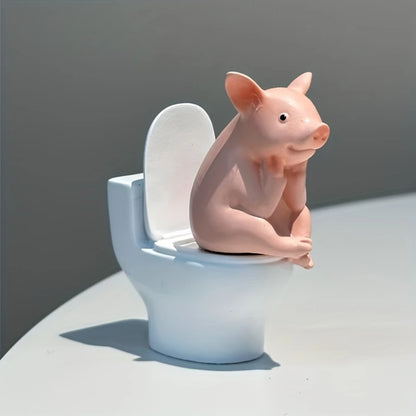 Cute Pig Sitting on Toilet — Pvc Bathroom Statue, Tabletop or Wall-Mount Decor — Father's Day Gift for Home & Office