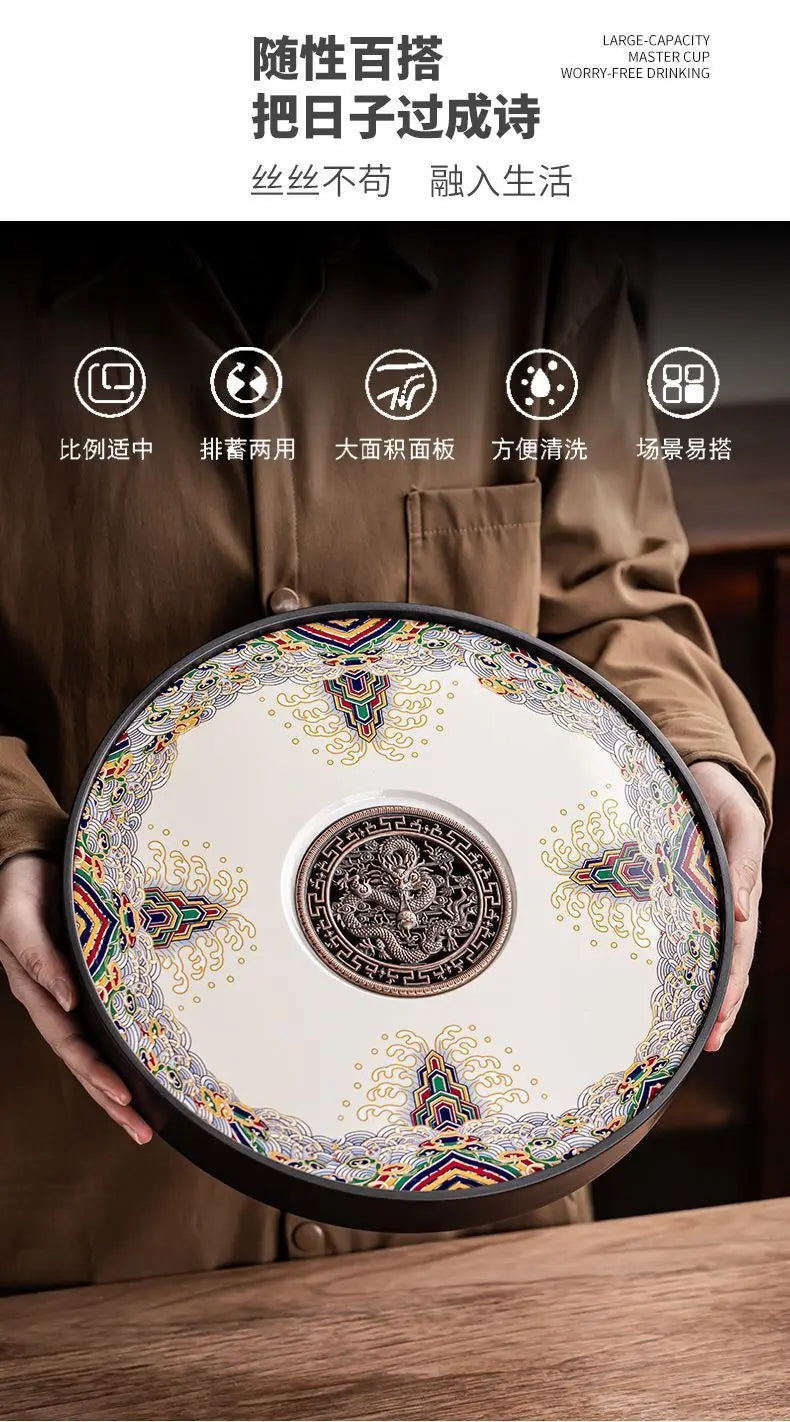 Ceramic round tea tray, dual-purpose for household water storage and drainage, tea sea, and outdoor tea tray