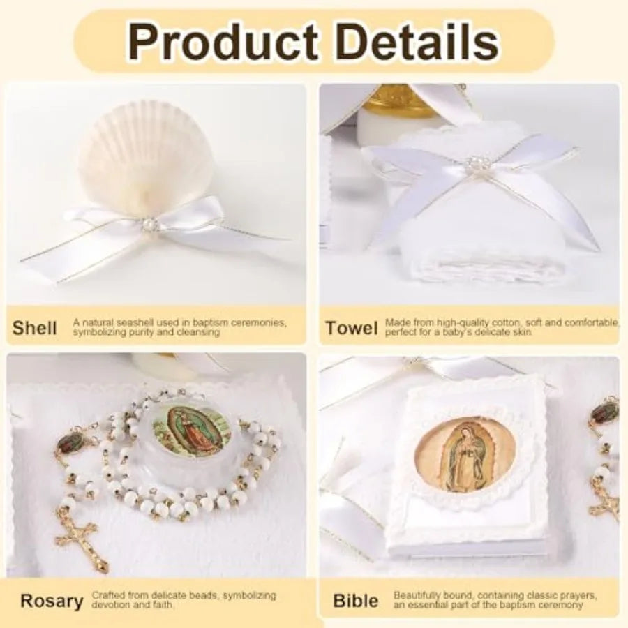 Baptism Candle Set for Boys and Girls, 5 PCS Baptism Kit Virgen De Guadalupe Catholic Candle, Towel, Shell, Rosary, Bible for B