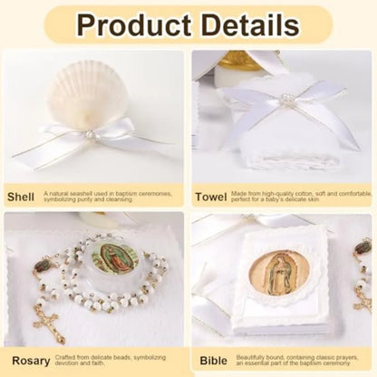 Baptism Candle Set for Boys and Girls, 5 PCS Baptism Kit Virgen De Guadalupe Catholic Candle, Towel, Shell, Rosary, Bible for B