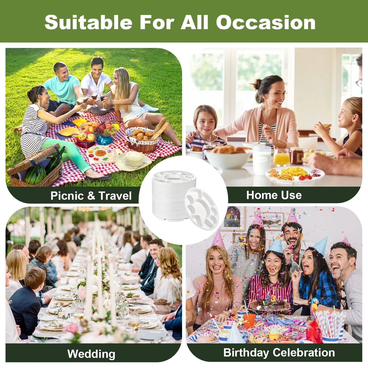 9 Compartment Divided Plate, Round Heavy Duty Serving Tray Made of Sugarcane for Wedding, Events,Parties,Holidays,Catering & BBQ