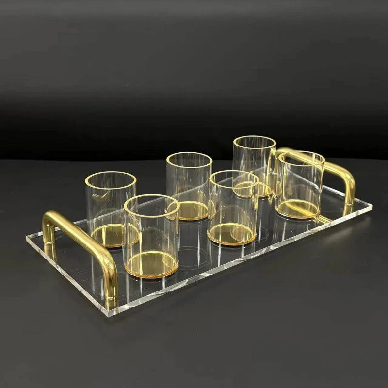 Judaica Clear Acrylic Tray and Six Cups with Gold Handles For L'chaim Shabbat Kiddush Jewish Family Table Decoration
