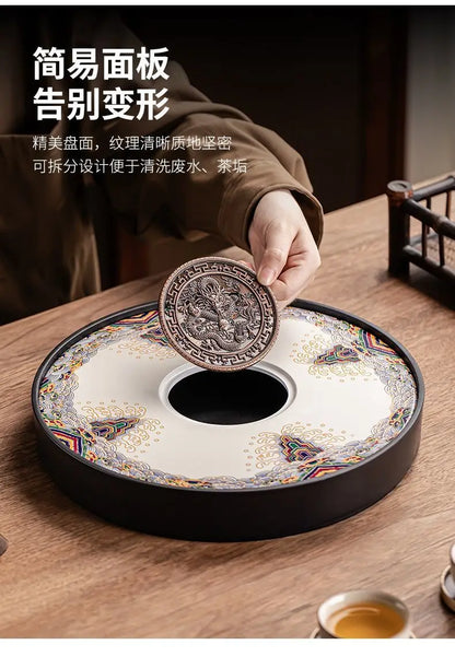 Ceramic round tea tray, dual-purpose for household water storage and drainage, tea sea, and outdoor tea tray