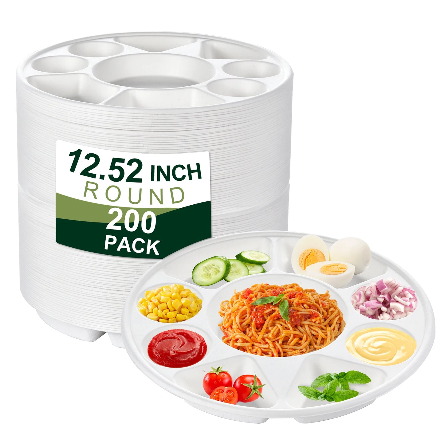 9 Compartment Divided Plate, Round Heavy Duty Serving Tray Made of Sugarcane for Wedding, Events,Parties,Holidays,Catering & BBQ