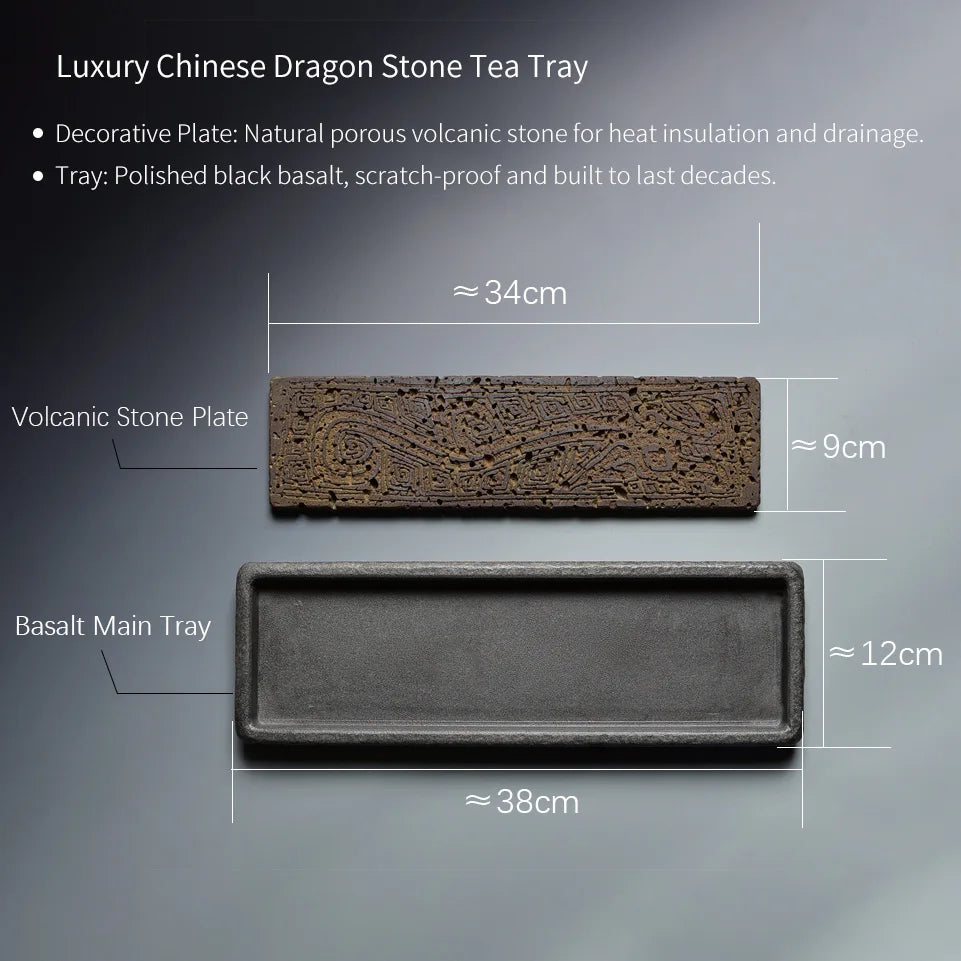 Tea Tray Natural Volcanic Basalt Handcarved Dragon Totem Dry Pour Kung Fu Tea Ceremony Home Office Decor Tea Lover Gift 38x12cm