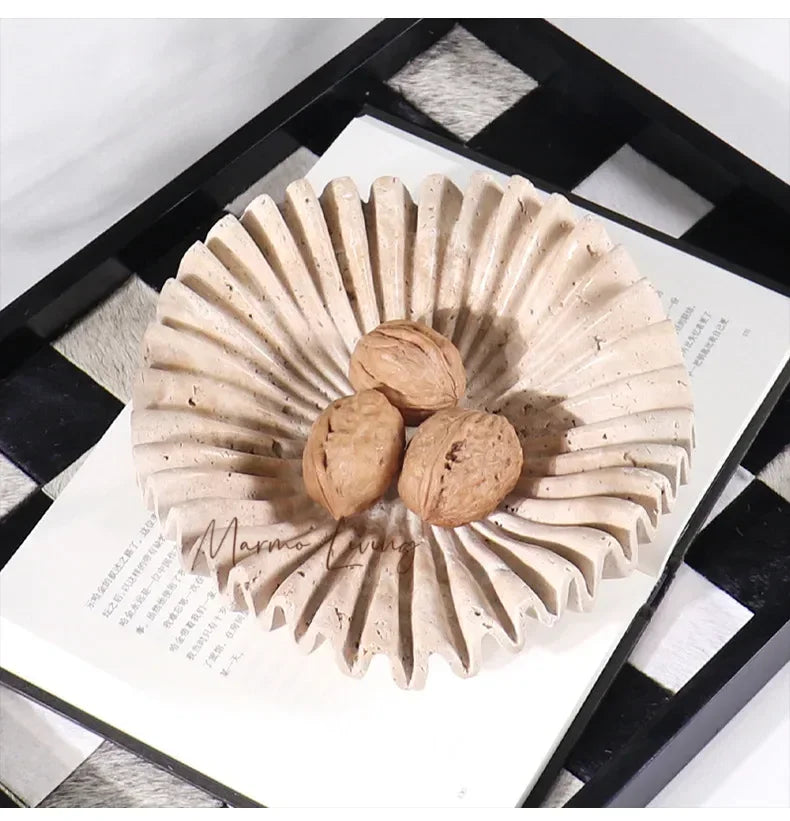 Marble Ruffle Bowl for Kitchen Counter and Living Room Travertine Scallop Bowl for Fruit Jewelry Decorative Tray for Home Decor