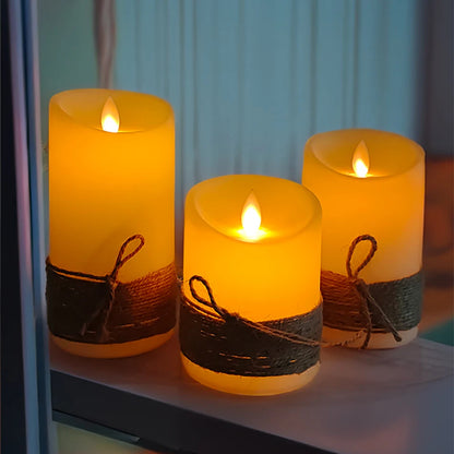 LED Candles with Dancing Flame,Vintage Rope String Wrapping,Battery Operated or USB Rechargeable Option,Ambiance Lamp, 3 PCs/Set