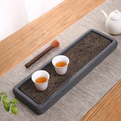 Tea Tray Natural Volcanic Basalt Handcarved Dragon Totem Dry Pour Kung Fu Tea Ceremony Home Office Decor Tea Lover Gift 38x12cm