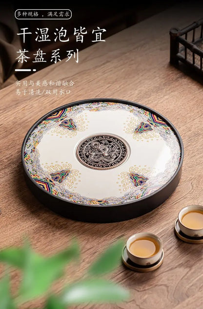 Ceramic round tea tray, dual-purpose for household water storage and drainage, tea sea, and outdoor tea tray