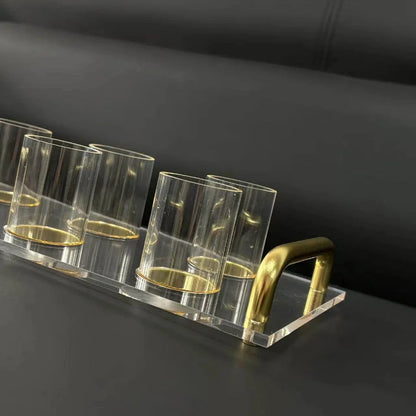 Judaica Clear Acrylic Tray and Six Cups with Gold Handles For L'chaim Shabbat Kiddush Jewish Family Table Decoration