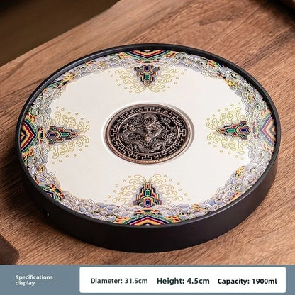 Ceramic round tea tray, dual-purpose for household water storage and drainage, tea sea, and outdoor tea tray