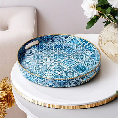 Decorative Rectangular Plastic Tray with Handles,Decal Paper Coffee Table Storage Organizer,Vintage Serving Tray for Home Decor