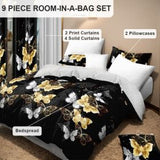 9 Piece Soft All-Season Washed Microfiber Cover Set , Queen/King/Calking Bedding Set With Pillowcases,Bedspread Print Curtains & Solid Curtains,P